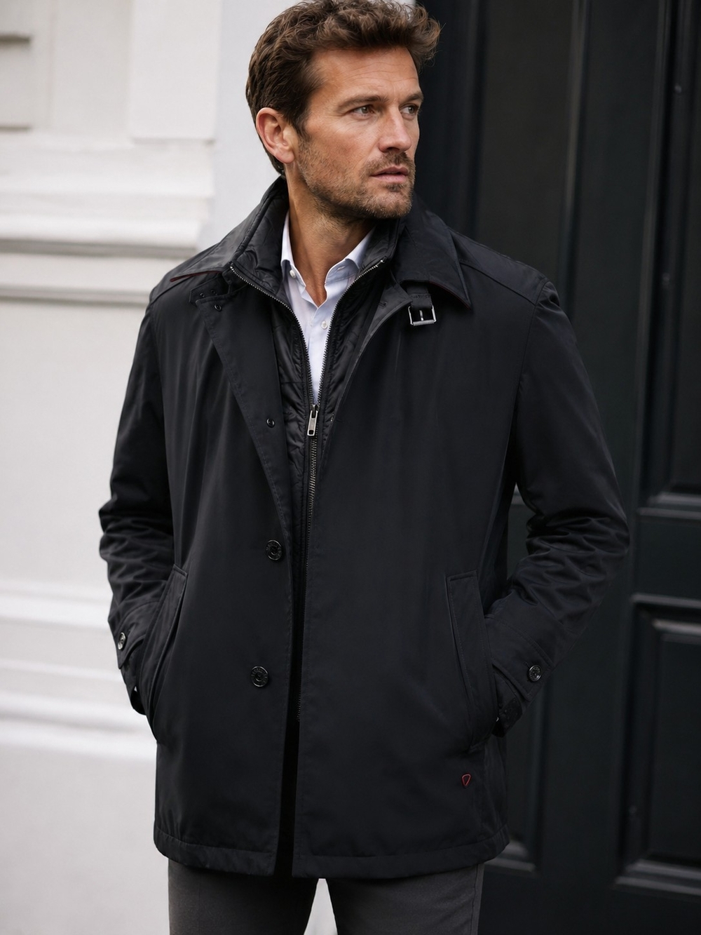 Strellson Men’s Black Layered Trench Coat Jacket Size 52 Swiss Designer